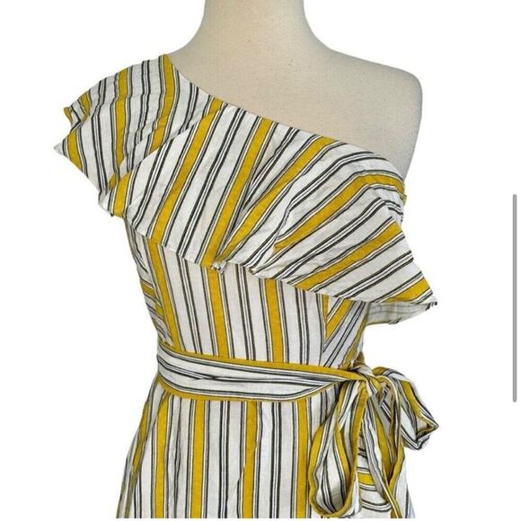 Lulus High Tide ivory white yellow striped ruffle one shoulder dress size Medium - Picture 4 of 13